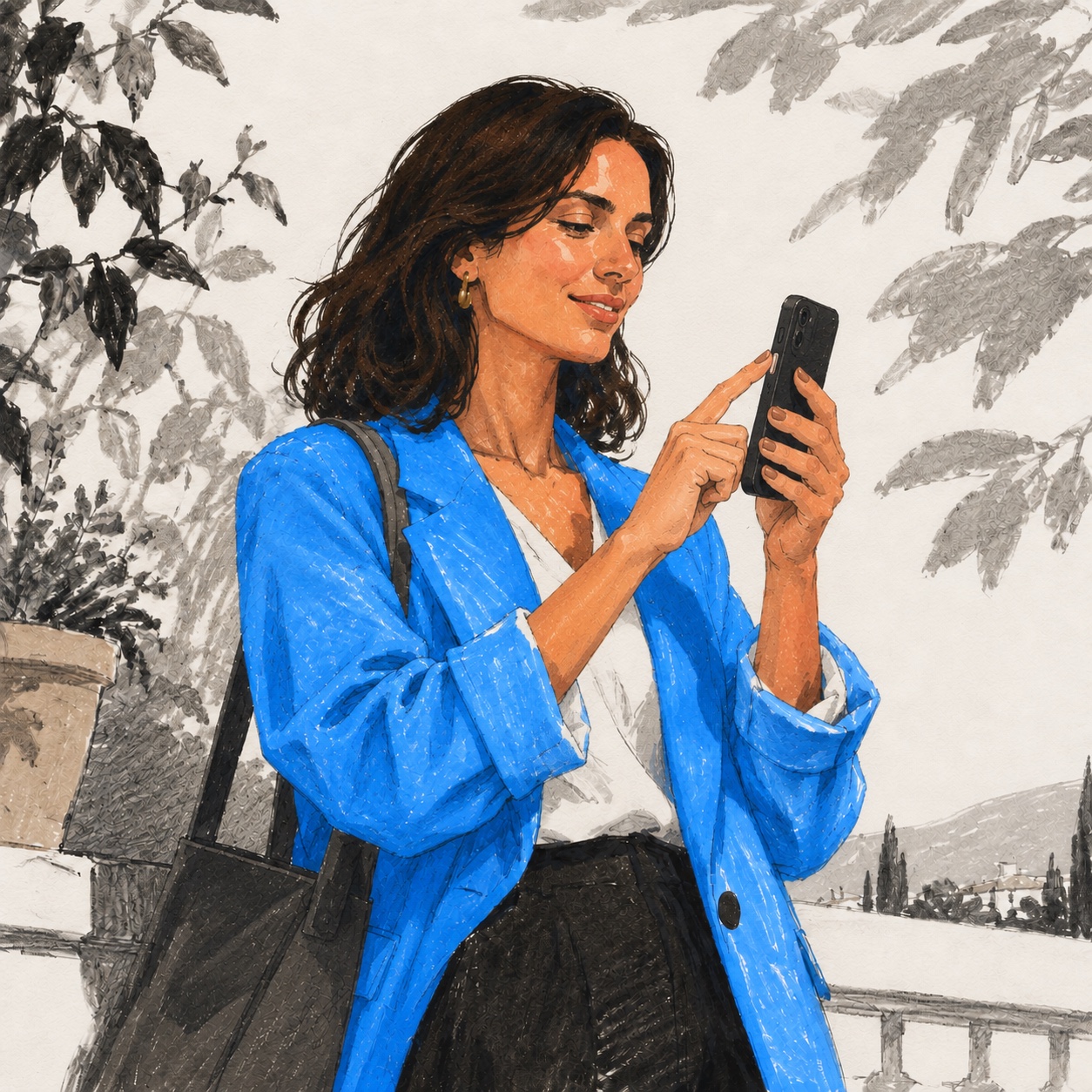 A woman pressing the Action Button on her iPhone
