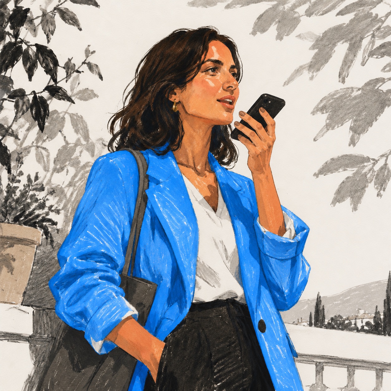 A woman speaking a thought into her phone