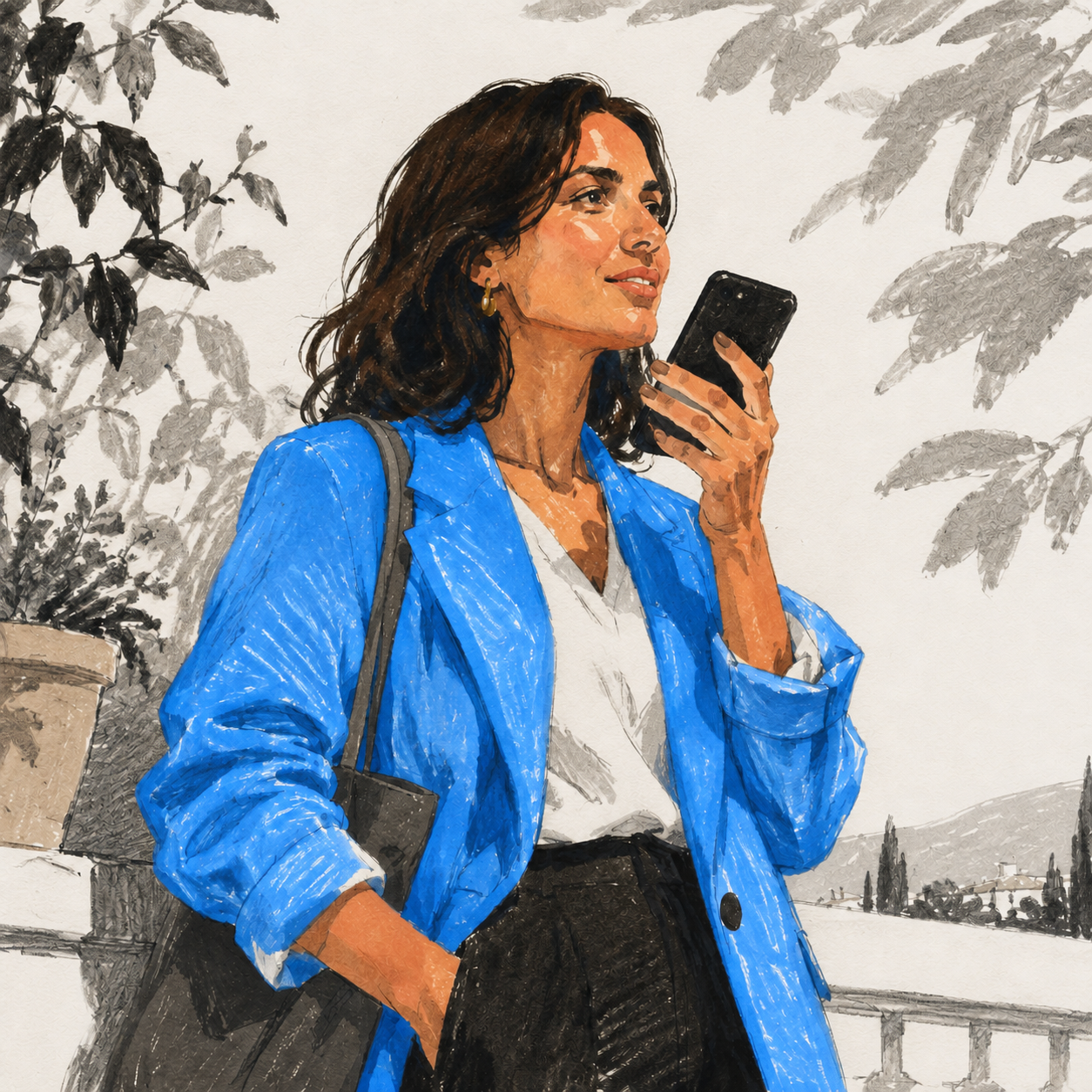 A woman capturing a thought on her phone outside